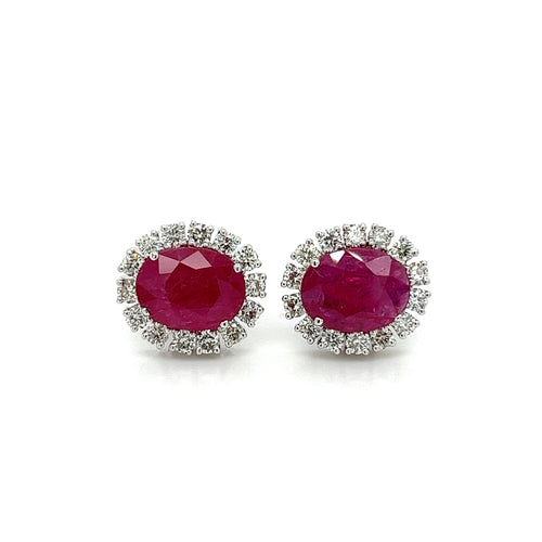 3.5 Carat No Heat Oval Cut Ruby Earrings With Round Diamond Halo