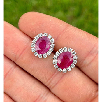 3.5 Carat No Heat Oval Cut Ruby Earrings With Round Diamond Halo – Assay Jewelers