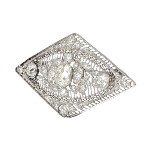 3.5 Carat Old European Cut Art Deco Diamond Brooch in Textured Filigree Platinum