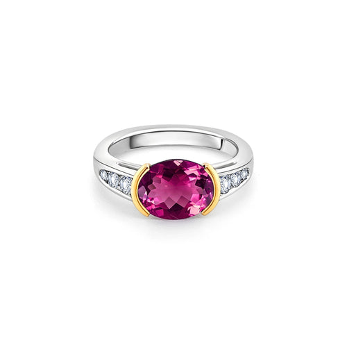 3.50 Carat Oval Cut Rubellite Tourmaline East West Ring with Tsavorite, Diamond, Platinum & 18k Gold