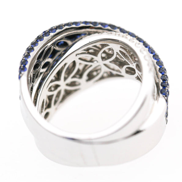3.72 Carat Blue Sapphire & Diamond Pave 18K Crossover Band Ring