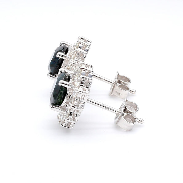 3.75 Carat Oval Blue Sapphire & 0.83 Carat Diamond Halo 18K White Gold Earrings