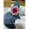 3.80 Carat Oval Cut No Heat Burma Ruby Ring With Round Diamond Halo in Platinum