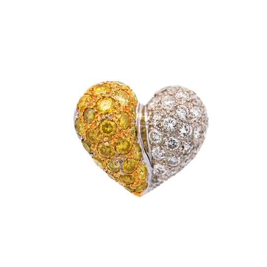 3.85 Carat Yellow & White Diamond 18K White Gold Pave Stud Heart Earring