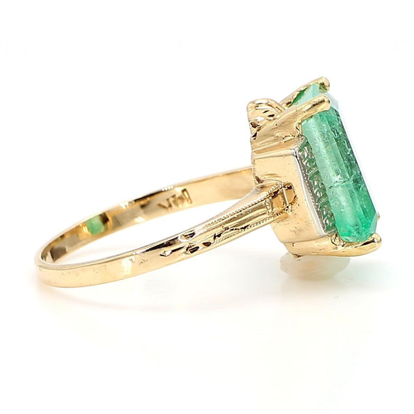 3.95 Carat Emerald & Diamond Milgrain Vintage 14K Gold Ring