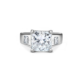 Bague en or blanc 14K avec diamant de laboratoire taille radiant de 4 carats et pierres latérales en demi-lune – Assay Jewelers