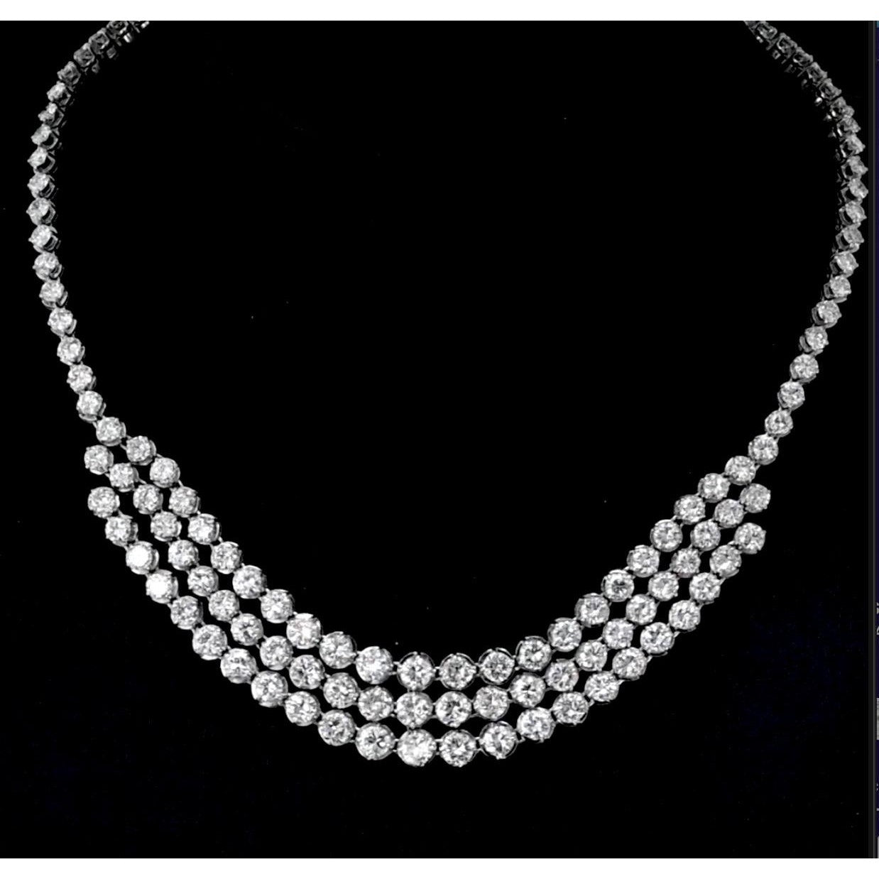 40 Carat Round Cut Diamond Platinum 3 Row Chandelier Necklace