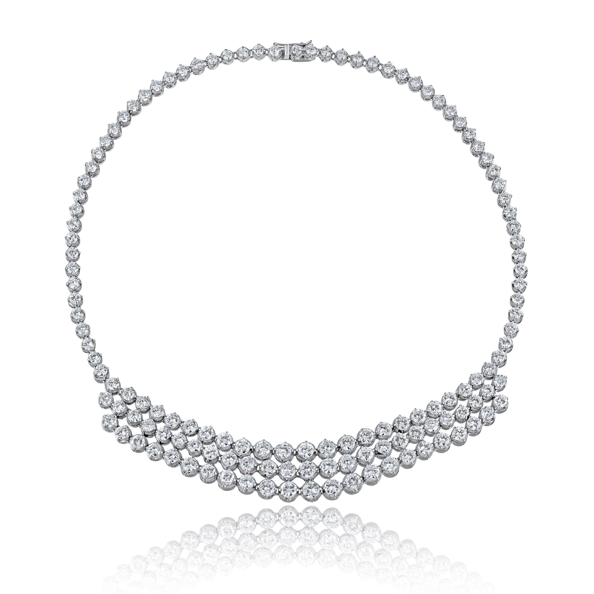 40 Carat Round Cut Diamond Platinum 3 Row Chandelier Necklace