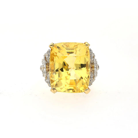47.10 Carat No-Heat Yellow Sapphire & Old Euro Diamond Vintage Ring