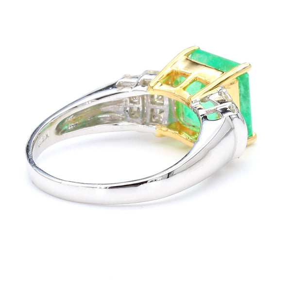 4.39 Carat Emerald Cut Green Emerald & Princess Cut Diamond 18K Two Tone Ring