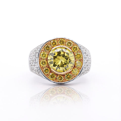 4.44 Carat Round Cut Yellow Diamond 18K Gold Halo Mens Ring