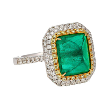 4.49 Carat Sugarloaf Cabochon Cut Colombian Emerald and Diamond Halo Ring in 18k White Gold – Assay Jewelers