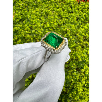 4.49 Carat Sugarloaf Cabochon Cut Colombian Emerald and Diamond Halo Ring in 18k White Gold – Assay Jewelers