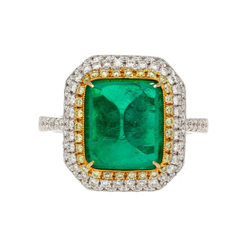 4.49 Carat Sugarloaf Cabochon Cut Colombian Emerald and Diamond Halo Ring in 18k White Gold – Assay Jewelers
