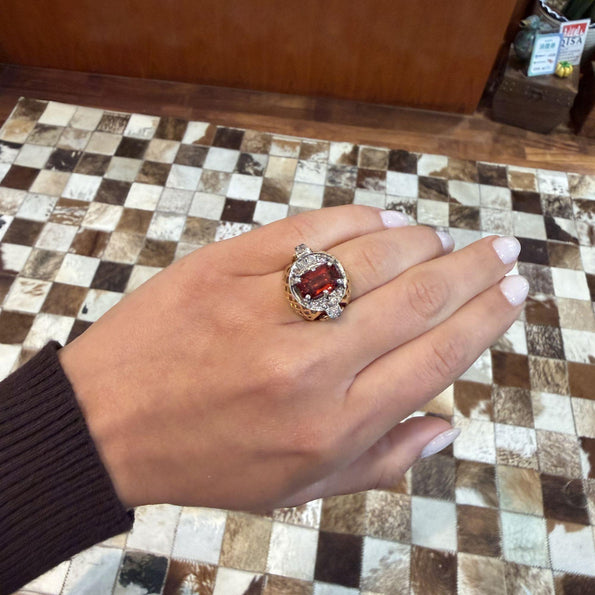4.65 Carat Spessartine Garnet Diamond Lattice Wide Band 18K Two Tone Gold Ring
