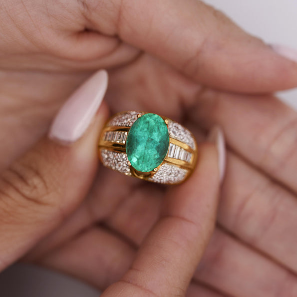 4.9 Carat Oval Colombian Emerald & Diamond 18K Gold Dome Ring