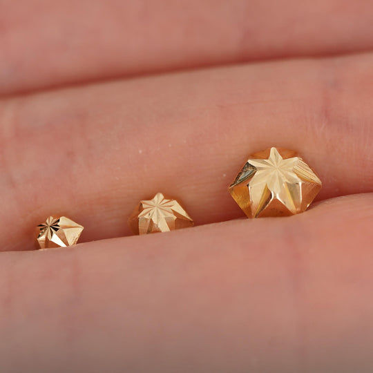4mm 14K Gold Diamond Cut Hexagon Stud Earrings On Screw Back