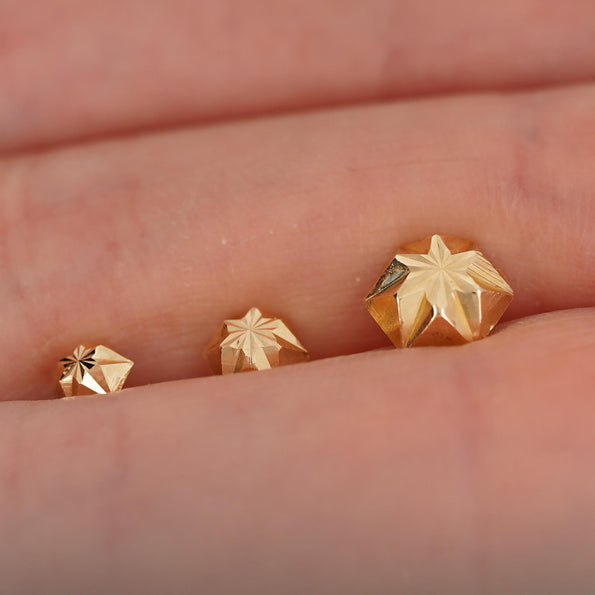 4mm 14K Gold Diamond Cut Hexagon Stud Earrings On Screw Back