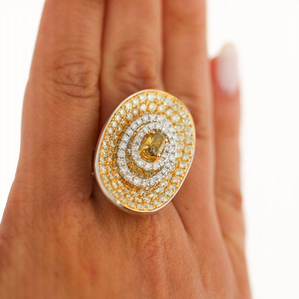 5 Carat Fancy Brown & Yellow Diamond Pave 18K Gold Tilted Shield Ring