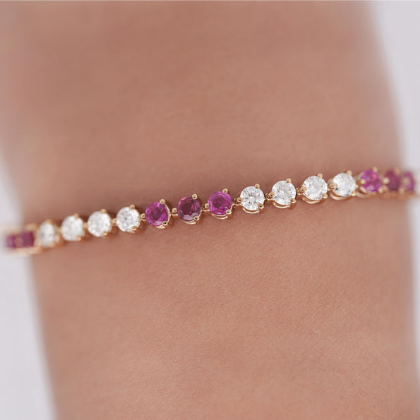 5 Carat Ruby and Lab Grown Diamond 3-Prong 14K Gold Tennis Bracelet