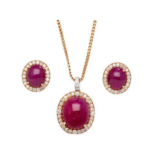 57.95 Carat Cabochon Cut Deep Pink Ruby & Diamond Halo Earrings & Necklace Set