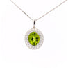 5.03 Carat Oval Cut Peridot Pendant with Round Cut Diamond Halo in 18K White Gold