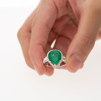 5.12 Carat Pear Cut Colombian Emerald Ring with Baguette Diamond Sides in 18K Gold – Assay Jewelers