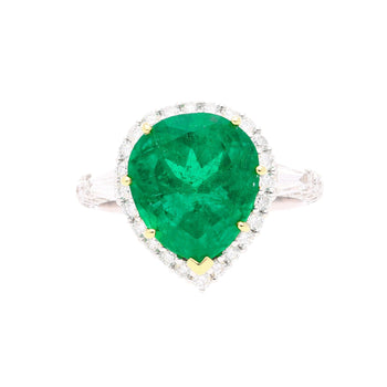 5.12 Carat Pear Cut Colombian Emerald Ring with Baguette Diamond Sides in 18K Gold – Assay Jewelers