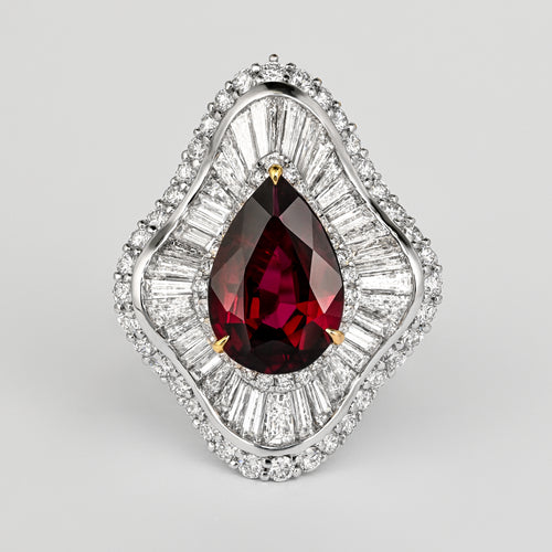 5.3 Carat Pear Cut Ruby & Baguette Diamond Ballerina White Gold Ring