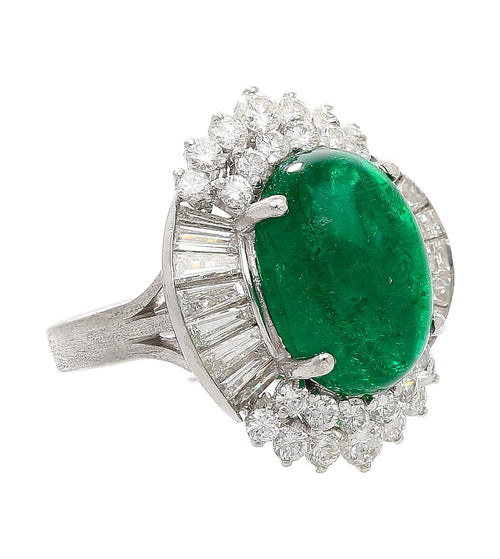 5.51 Carat Cabochon Cut Emerald & Diamond Platinum Ballerina Ring