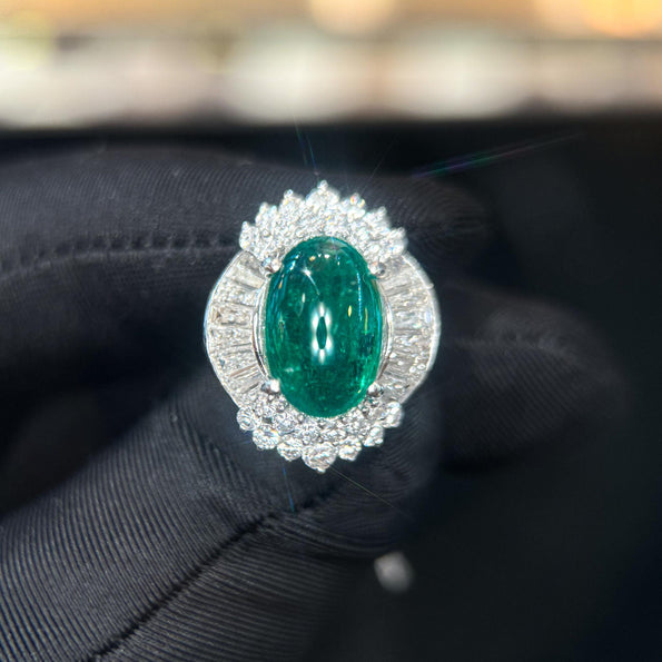 5.51 Carat Cabochon Cut Emerald & Diamond Platinum Ballerina Ring