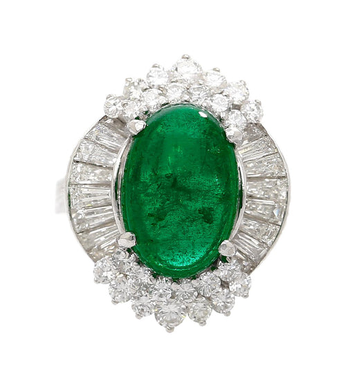 5.51 Carat Cabochon Cut Emerald & Diamond Platinum Ballerina Ring