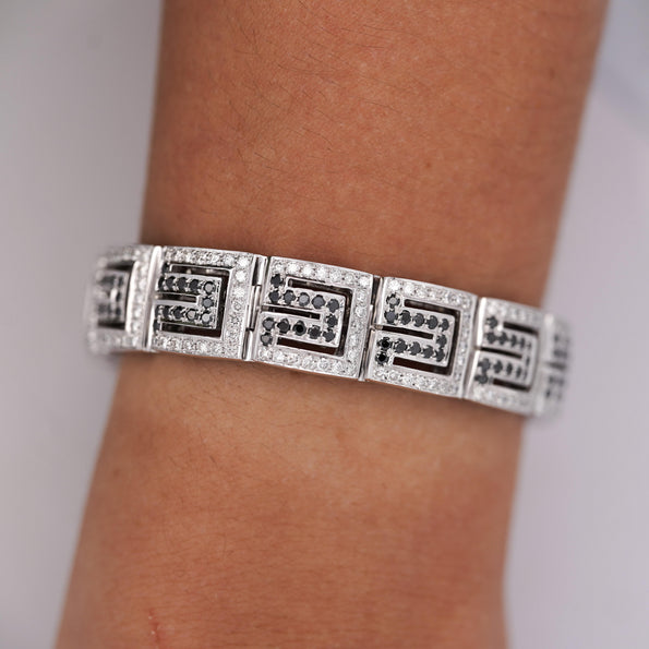 5.75 Carat Black & White Diamond in 18K White Gold Greek Key Bracelet