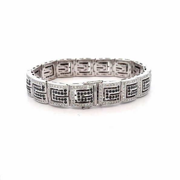 5.75 Carat Black & White Diamond in 18K White Gold Greek Key Bracelet