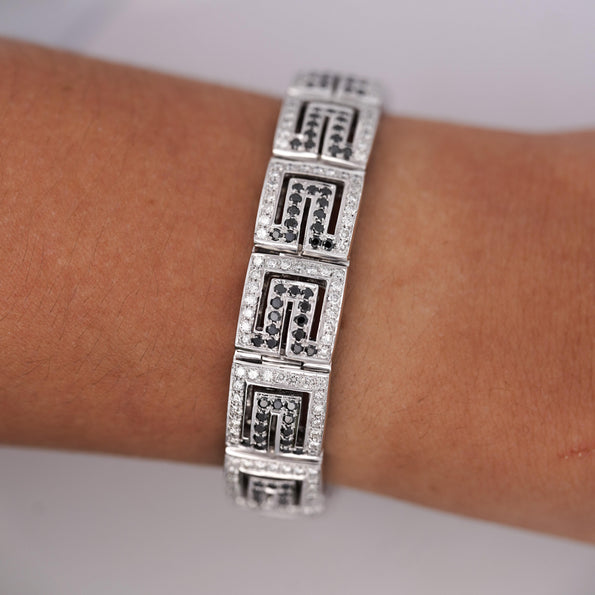 5.75 Carat Black & White Diamond in 18K White Gold Greek Key Bracelet