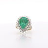 5.75 Carat Pear Cut Colombian Emerald Diamond Halo 18K Gold Emerald Ring