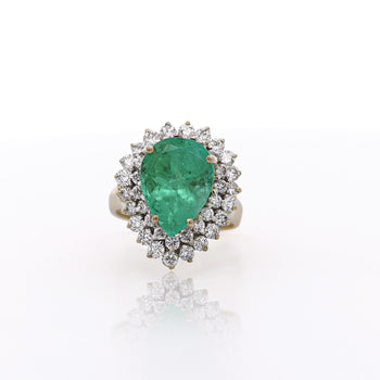 5.75 Carat Pear Cut Colombian Emerald Diamond Halo 18K Gold Emerald Ring – Assay Jewelers