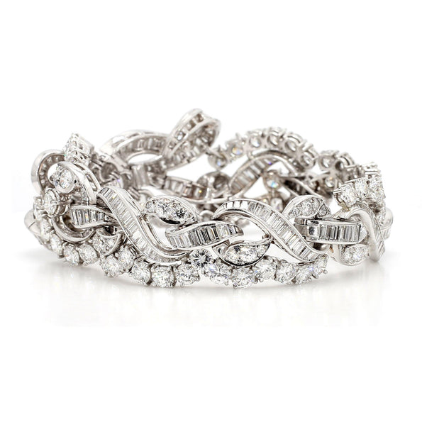 60 Carat Baguette & Round Cut Diamond in Platinum Retro Scroll Design Bracelet