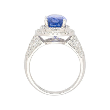 6.34 Carat No Heat Oval Cut Blue Sapphire and Diamond Halo 18K Ring GRS Certified – Assay Jewelers