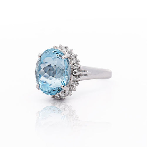 7.15 Carat Oval Aquamarine & Diamond Floral Filigree Platinum Ring