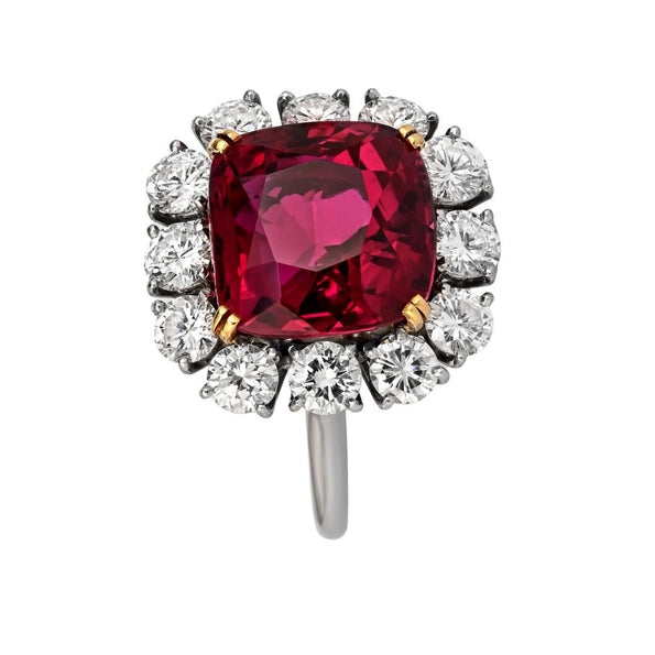 7.25 Carat No Heat Cushion Cut Ruby & Diamond Halo Platinum 18K Gold Ring