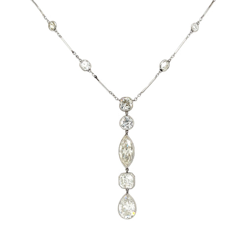 8 Carat TW Art Deco Antique Lariat Y Drop Necklace With Old Euro Cut Pear, Asscher, Marquise, Round & Cushion Cut Natural Diamonds