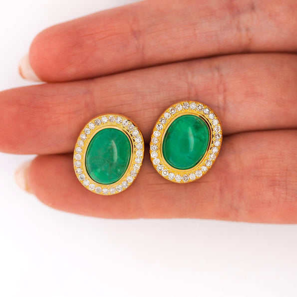8.47 Carat Cabochon Emerald and Diamond Halo Earrings in 18K Gold