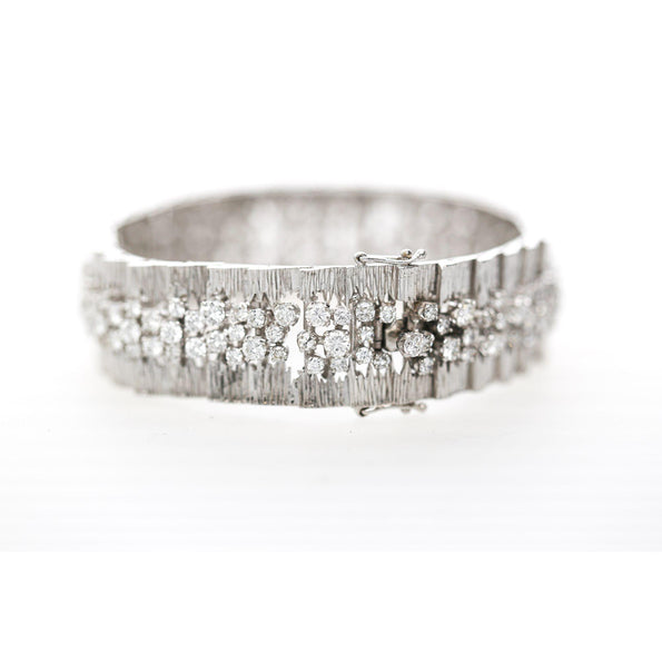 8.50 Carat Round Diamond Three-Row 14K White Gold Bark Texture Wide Bracelet
