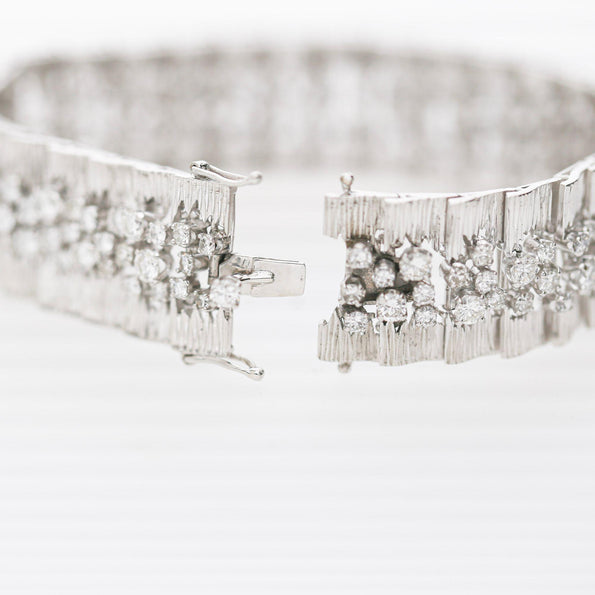 8.50 Carat Round Diamond Three-Row 14K White Gold Bark Texture Wide Bracelet