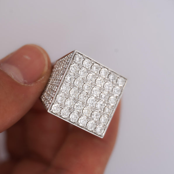 8.56 Carat Round Diamond Full Pave Square 18K White Gold Vintage Mens Ring