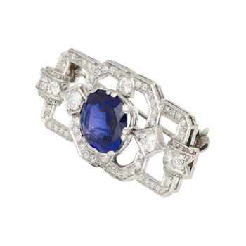 8.64 Carat AGL Certified Ceylon Cushion Cut Blue Sapphire and Diamond Brooch Pin – Assay Jewelers