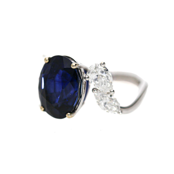 9.5 Carat No Heat Blue Sapphire and Pear Diamond Wing Ring
