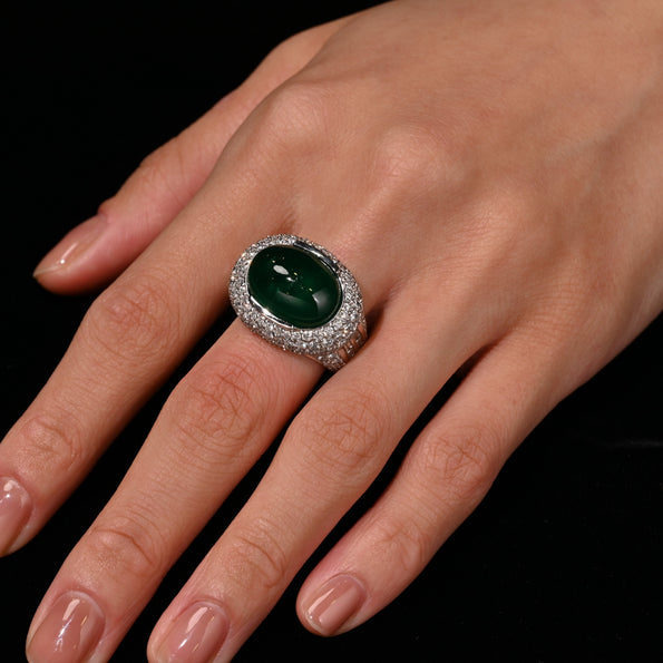 AGL Certified 10 Carat Cabochon Emerald and Diamond Cluster Ring