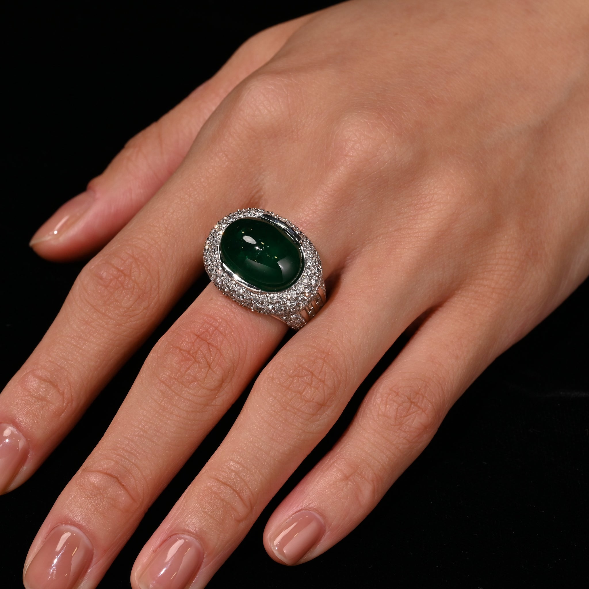 AGL Certified 10 Carat Cabochon Cut Minor Oil Emerald and Diamond Cluster Ring in 18K White Gold